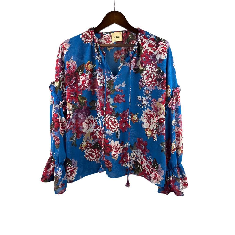 Women’s Elie. Large Blue Floral Long Sleeve Blouse